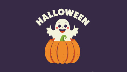 Halloween card featuring a ghost emerging from a pumpkin, designed in a flat design style with bold lines and vibrant colors, with png Transparent