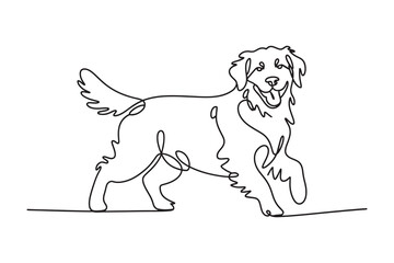 continuous line drawing of a happy golden retriever dog walking