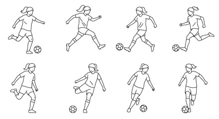 Line art illustration of young girls playing and practicing soccer