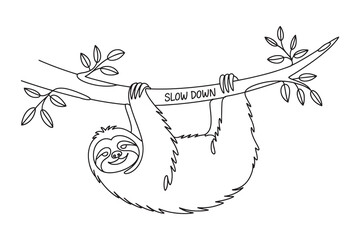 Continuous one line drawing  of cute sloth hanging from a tree branch 