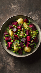 A vibrant and colorful dish, featuring a mix of fresh ingredients. The dish is a visually appealing and nutritious meal. The composition creates a mouthwatering image