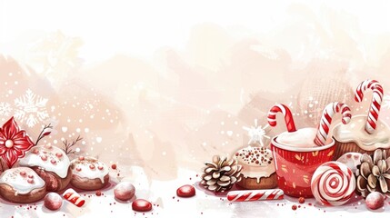 A festive arrangement of Christmas treats, gingerbread cookies, candy canes, and pine cones. snow and holiday colors, horizontal banner, copy space, free space for text