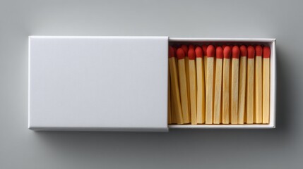 Small box of wooden matches with red tips placed on a light gray surface