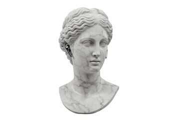 Obraz premium Marble bust of Venus with wireless earbuds isolated on transparent background, classical sculpture with modern technology PNG