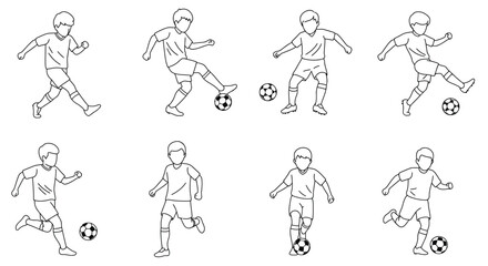 Line art illustration depicting several boys playing and kicking soccer balls