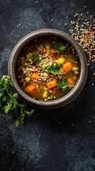 A flavorful bowl of hot soup filled with nutritious vegetables and herbs, a culinary delight. The rustic bowl contrasts with the dark background, enhancing the vibrant colors of the soup