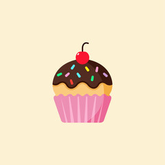 Delicious Cupcake with Sprinkles and Cherry with light brown background.