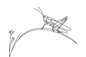Continuous one line drawing  of a grasshopper perched on a blade of grass