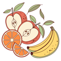 Illustration of sliced fruits including apple, orange, and banana