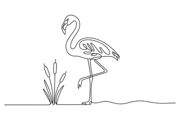  minimalist continuous line drawing of a flamingo standing next to reeds