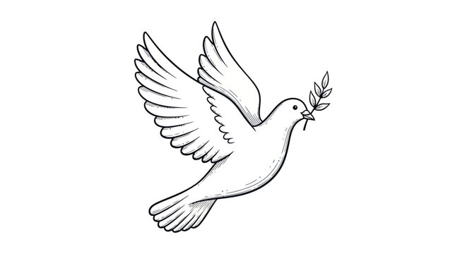 A white dove in flight carrying an olive branch in its beak symbolizing peace and hope.