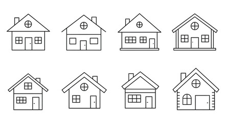 Simple black and white line drawing of various house shapes and designs