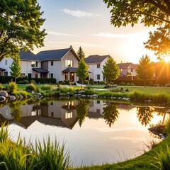 Obraz premium Suburban homes by a pond at sunset