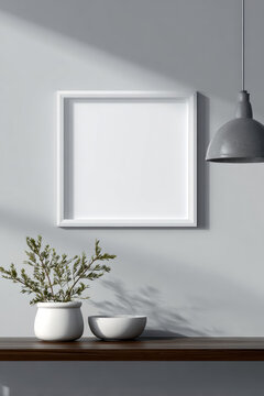 Square 12x12 empty white frame mockup on wall in automotive-themed interior, minimal modern design with car enthusiast decor, spotlight lighting highlighting blank art canvas