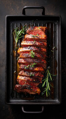 Sliced grilled steak on a black grill pan with rosemary