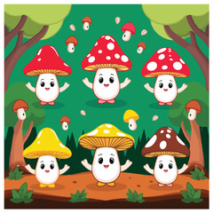 Flat vector design for UK Fungus Day featuring mushroom clusters, cartoon mushroom characters, forest path, edible and poisonous mushrooms in solid color vector style