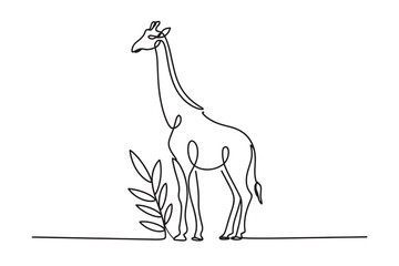 minimalist continuous line drawing of a giraffe standing next to a plant