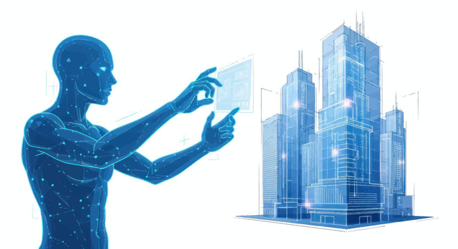 Futuristic Digital Human Interacting with Smart City Holographic Interface.