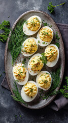 Deviled eggs artfully arranged on a rustic serving plate, a culinary delight. These eggs offer a creamy yolk filling, garnished with fresh herbs