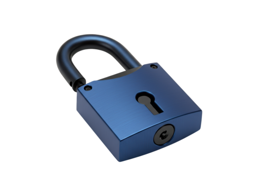 Blue metal padlock isolated on transparent background, security lock for safety and protection
