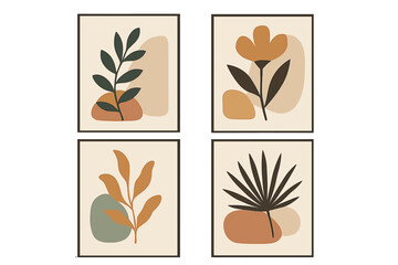 Set of 4 abstract botanical wall art prints. Minimalist Scandinavian design with organic shapes in earth tones. Modern boho home decor vector illustrations of plants and flowers.