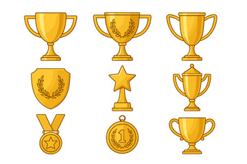 Gold trophy and award icon set. Golden cups, medals, and shields for winners. Champion prizes, victory symbols for sport competition. First place achievement vector collection.