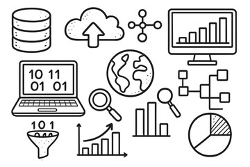 Big data doodle icon set. Hand drawn vector line art. Data analysis, analytics, cloud computing, database, visualization, machine learning, business intelligence concepts.