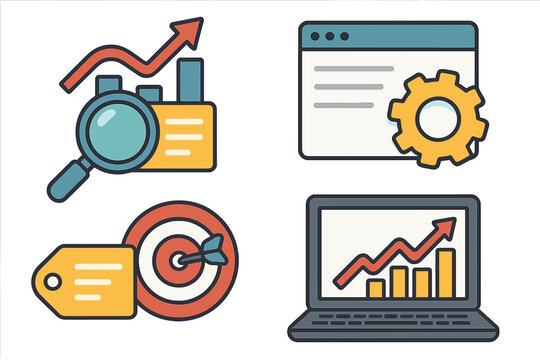 Digital marketing icon set. Business analytics, SEO analysis, and target audience concepts. Vector illustration for web strategy, e-commerce growth, and affiliate marketing. - Powered by Adobe