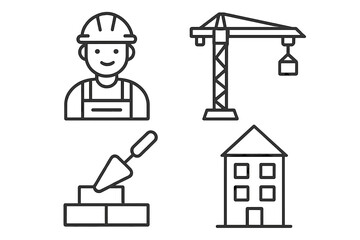 Construction line icon set. Builder, worker, crane, house, trowel, bricks symbols. Vector graphic for building industry, real estate, architecture, engineering design concepts.
