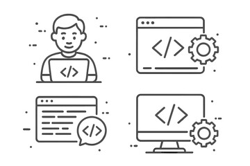 Coding and programming line icon set. Software and web development vector icons. Programmer at computer, backend settings, developer API. Thin line outline symbols for app UI.