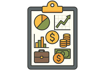 Financial report on clipboard with business data analysis infographic. Investment growth, profit, and success concept. Money, statistics, charts, and graphs vector illustration.