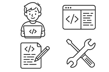 Coding and programming line icon set. Software or web developer at work. App development concept. Programmer, code script, UI window and dev tools. Vector illustration cartoon.