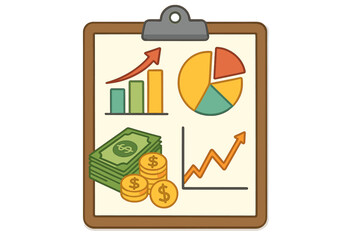 Financial report on clipboard with infographic data analysis. Vector concept of business growth, investment profit, and market statistics. Includes charts, graphs, and money.