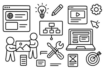 Conversion rate optimization icon set. Doodle illustrations for UX, UI, web design, SEO, and marketing strategy. Website development, sitemap, wireframe, and target goal concept.