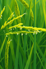 A detailed close-up illustration of rice panicles during the flowering stage in a lush green paddy field. The young rice grains are bright green, with delicate white flowers emerging from each spikele