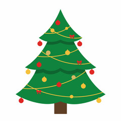 Flat Style Detailed Christmas Tree Decoration with Ornaments and Lights