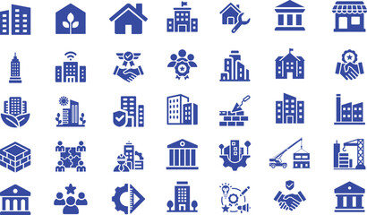 Collection of Blue Building and Business Icons: Architecture, Construction, and Teamwork