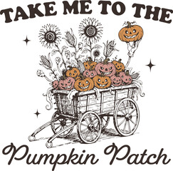 Take Me to the Pumpkin Patch – Whimsical Halloween-Themed Wagon Full of Grinning Pumpkins with Sunflowers and Creepy Faces, Ideal for Autumn Decor and Fall Humor