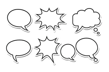 Set of blank speech bubbles and thought bubbles. Empty comic dialog balloons for chat, messages, and quotes. Vector illustration of retro pop art talk stickers collection.
