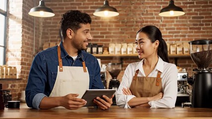 Cheerful diverse baristas working at the counter in a modern coffee shop. Young multiracial colleagues talking and using a digital tablet - Powered by Adobe