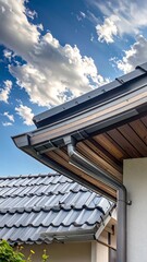 Modern house roof and gutters under a partly cloudy sky
