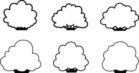 Simple black and white illustration depicting six different styled trees