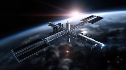 Space station orbits Earth with solar panels at sunrise