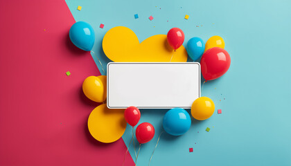 empty banner with balloons and confetti on dual tone background