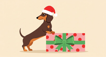 A dachshund dog, center-left in the frame, is depicted in a flat illustration style against a light beige background