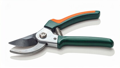 Obraz premium Describe a pair of metal pruning shears with a curved blade, spring mechanism, and orange-accented handles, showing signs of rust. Highlight their utility, wear, and relevance to gardening and plant c