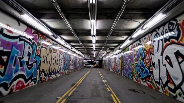 Urban tunnel walls showcasing colorful graffiti art, creating a vivid, repeated abstract pattern and geometric design, forming a visual kaleidoscope with strong perspective