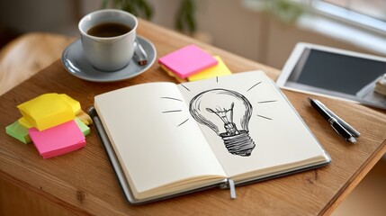 A notebook with a light bulb sketch, surrounded by colorful sticky notes, a cup of coffee, and a tablet on a wooden table