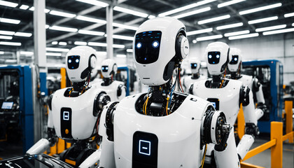 group of white humanoid robots standing in an industrial manufacturing warehouse facility