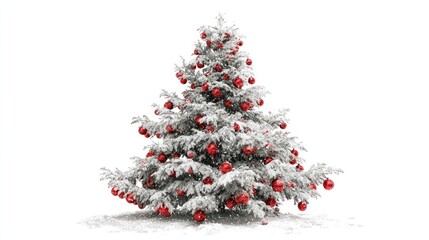 Festive snow-covered Christmas tree adorned with red ornaments, ready for holiday celebrations.